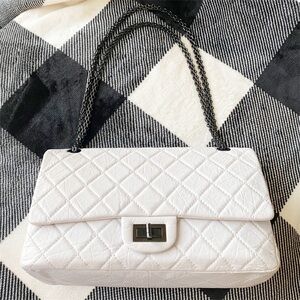 CHANEL White 2.55 Reissue 227 Double Flap Bag Aged Calfskin Ruthenium Hardware